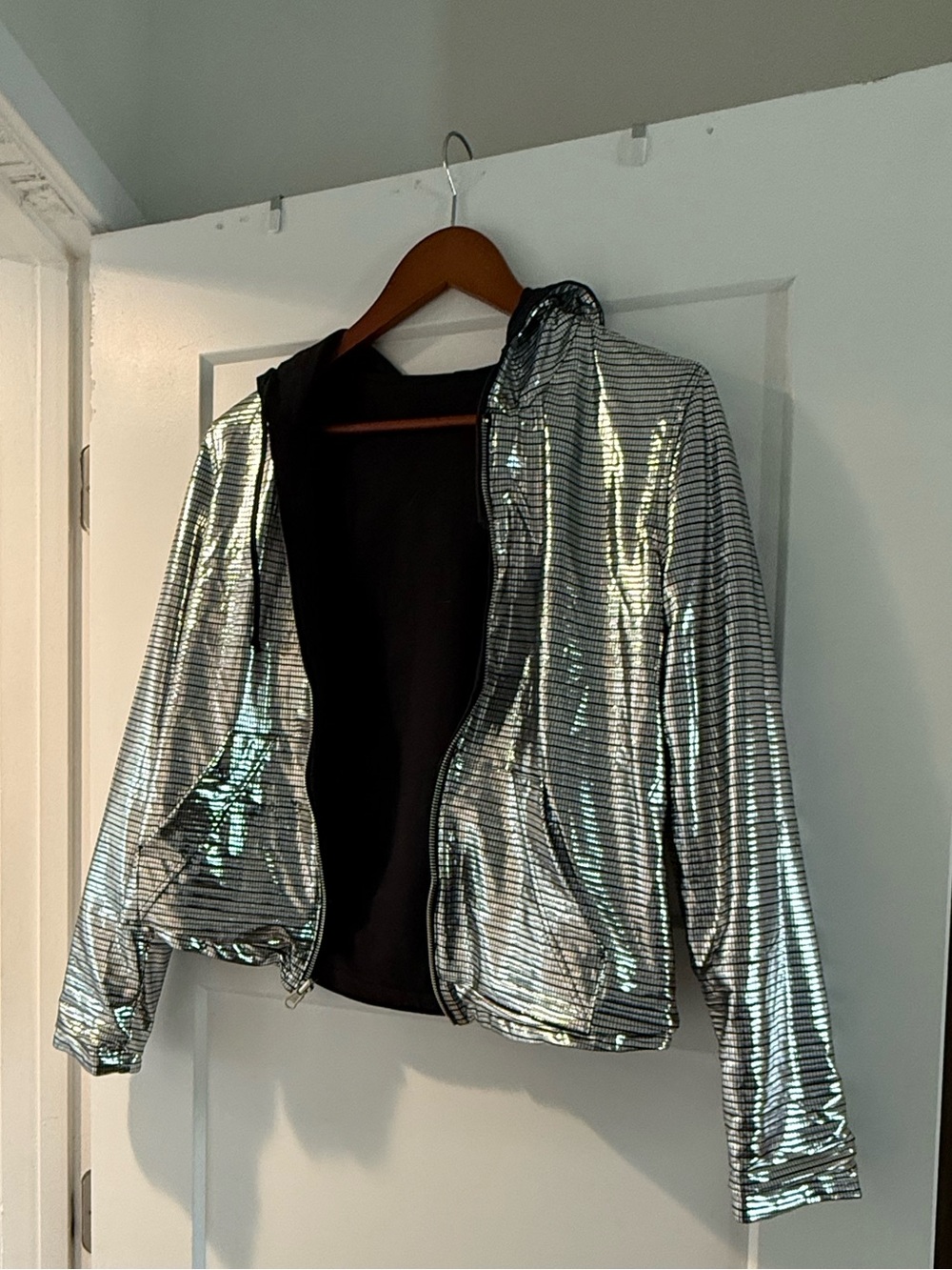Betabrand Silver Metallic Hooded Bomber Jacket